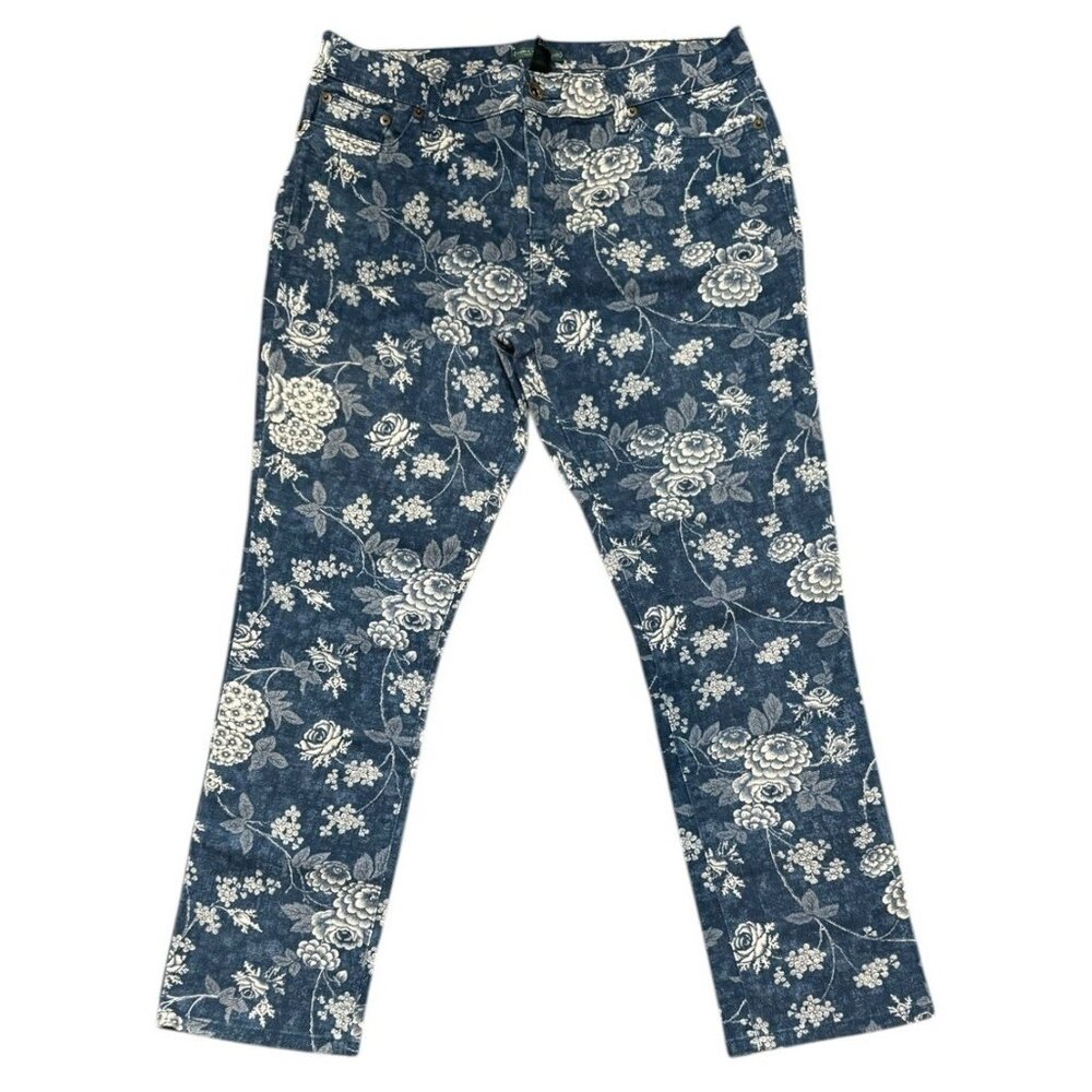 Ralph Lauren Jeans Co Womens Mid Rise Straight Jeans Floral Print Blue White 10P